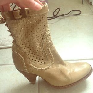 ALBANO leather Paige Tan Gold Perforated booties with cone heels